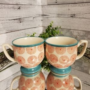 Set of 2 Pioneer Woman Starburst Footed Mug/Cup, Ivory Red Turquoise 14oz